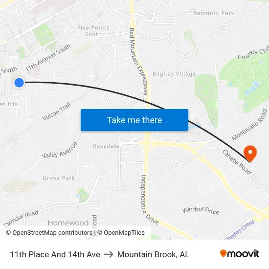 11th Place And 14th Ave to Mountain Brook, AL map
