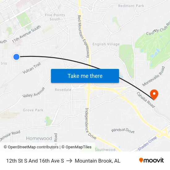 12th St S And 16th Ave S to Mountain Brook, AL map