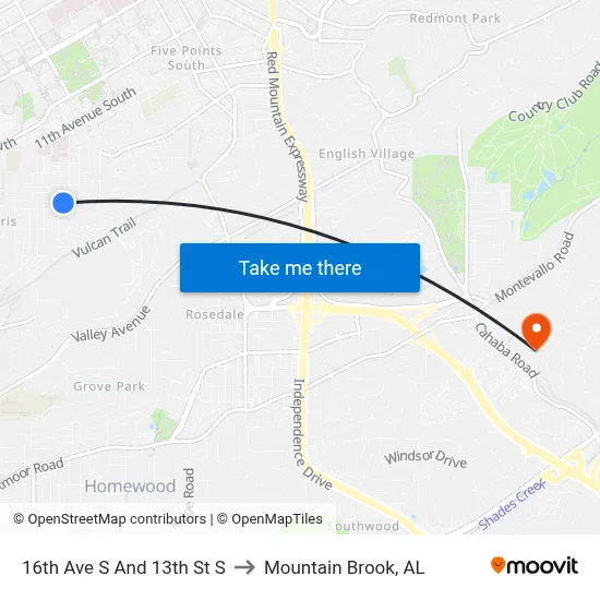 16th Ave S And 13th St S to Mountain Brook, AL map