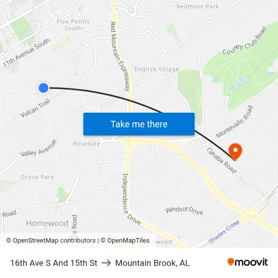 16th Ave S And 15th St to Mountain Brook, AL map