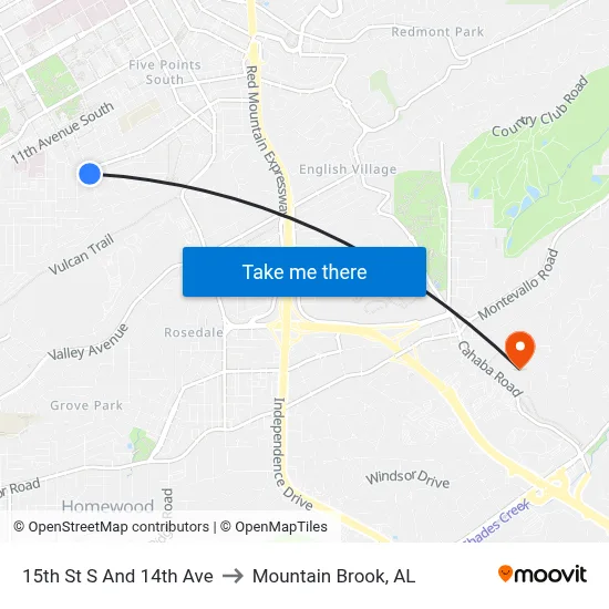 15th St S And 14th Ave to Mountain Brook, AL map
