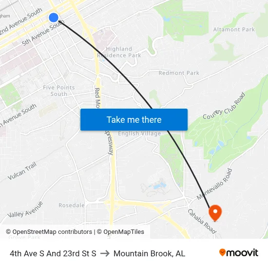 4th Ave S And 23rd St S to Mountain Brook, AL map