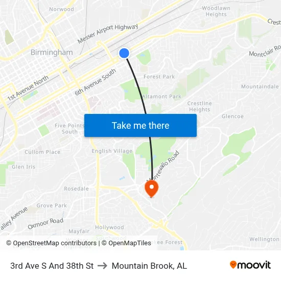 3rd Ave S And 38th St to Mountain Brook, AL map