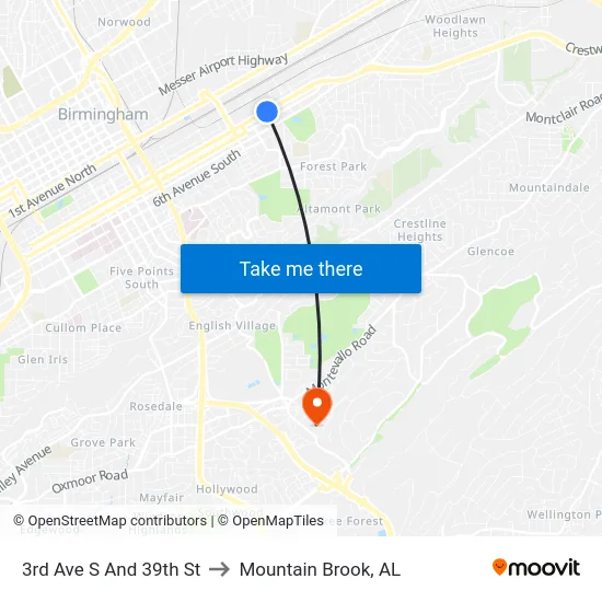 3rd Ave S And 39th St to Mountain Brook, AL map