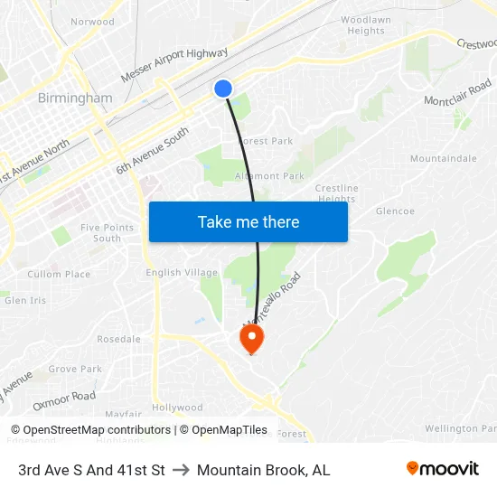 3rd Ave S And 41st St to Mountain Brook, AL map