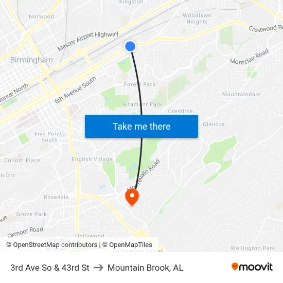 3rd Ave So & 43rd St to Mountain Brook, AL map