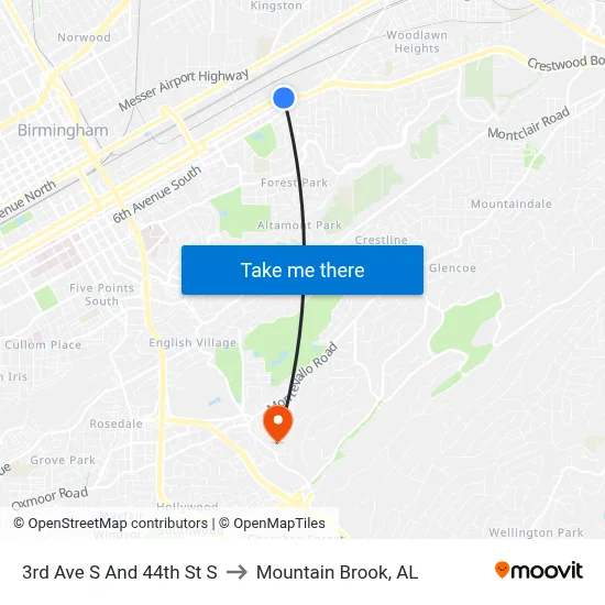 3rd Ave S And 44th St S to Mountain Brook, AL map