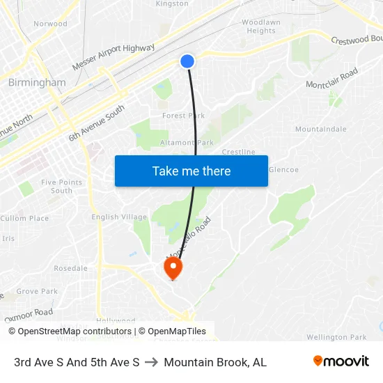 3rd Ave S And 5th Ave S to Mountain Brook, AL map