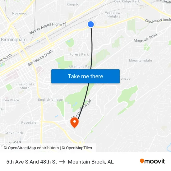 5th Ave S And 48th St to Mountain Brook, AL map