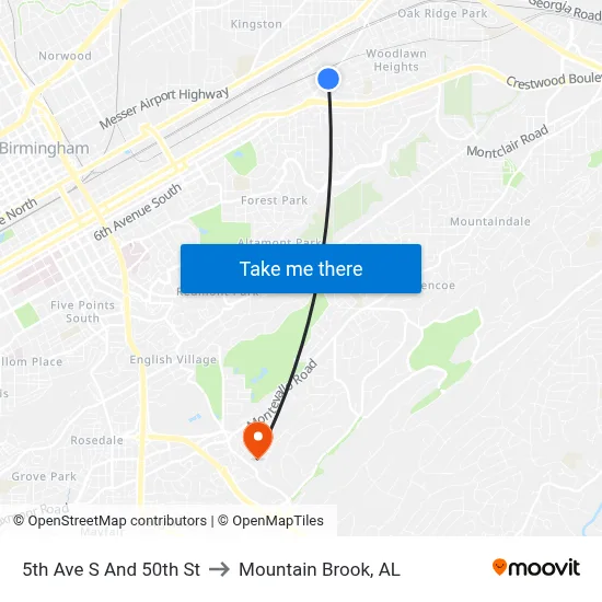 5th Ave S And 50th St to Mountain Brook, AL map