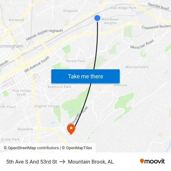 5th Ave S And 53rd St to Mountain Brook, AL map