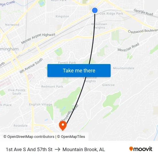 1st Ave S And 57th St to Mountain Brook, AL map