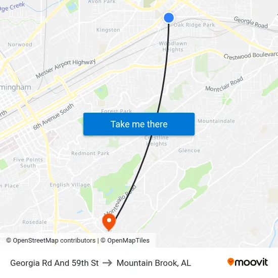 Georgia Rd And 59th St to Mountain Brook, AL map