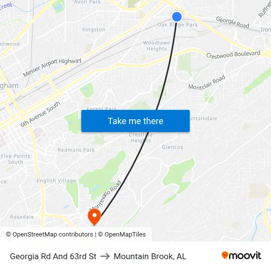 Georgia Rd And 63rd St to Mountain Brook, AL map