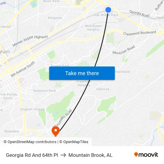 Georgia Rd And 64th Pl to Mountain Brook, AL map