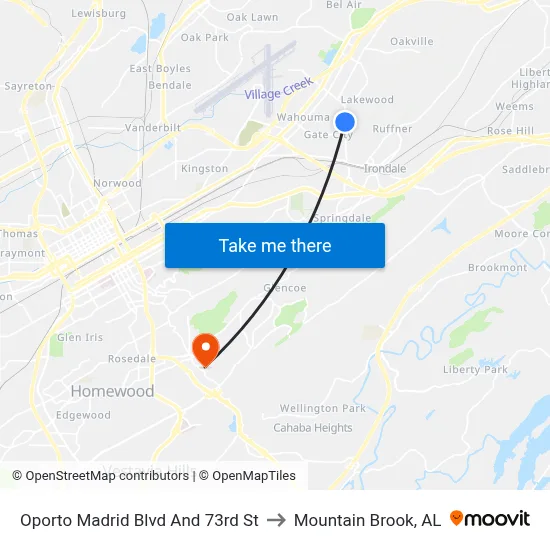 Oporto Madrid Blvd And 73rd St to Mountain Brook, AL map