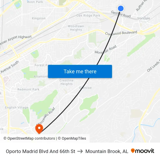 Oporto Madrid Blvd And 66th St to Mountain Brook, AL map