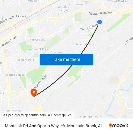 Montclair Rd And Oporto Way to Mountain Brook, AL map