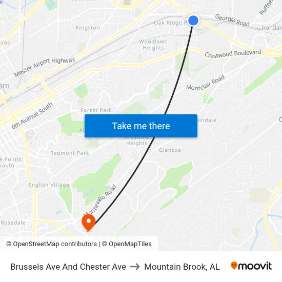 Brussels Ave And Chester Ave to Mountain Brook, AL map