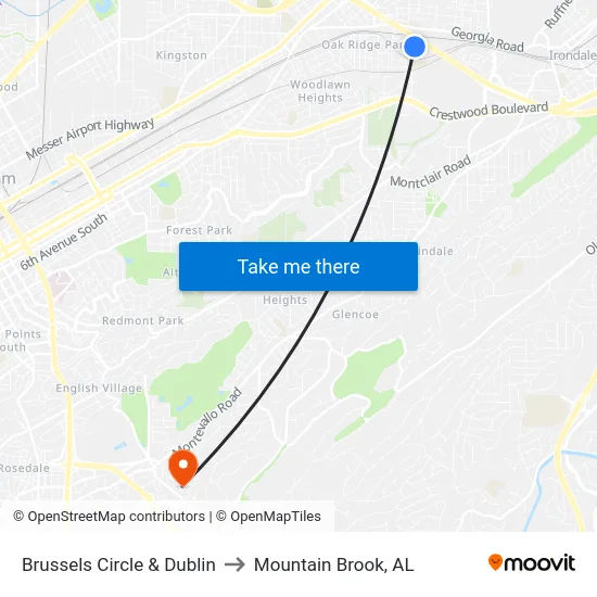 Brussels Circle & Dublin to Mountain Brook, AL map