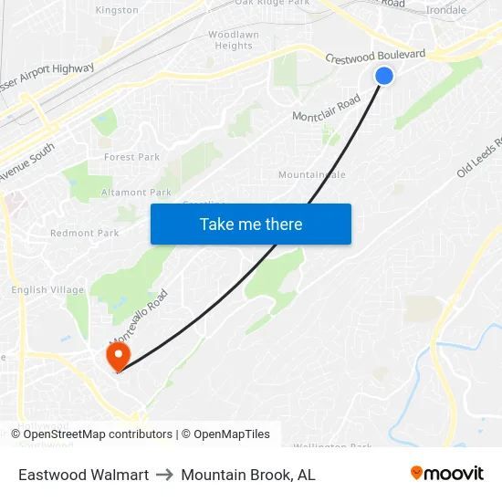 Eastwood Walmart to Mountain Brook, AL map