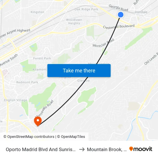 Oporto Madrid Blvd And Sunrise Dr to Mountain Brook, AL map