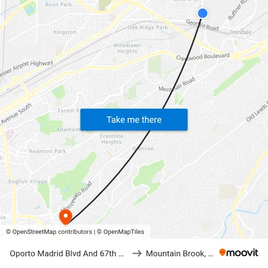 Oporto Madrid Blvd And 67th St S to Mountain Brook, AL map