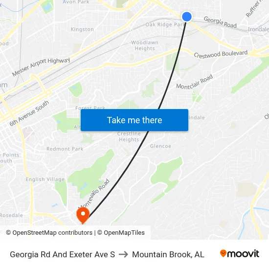Georgia Rd And Exeter Ave S to Mountain Brook, AL map