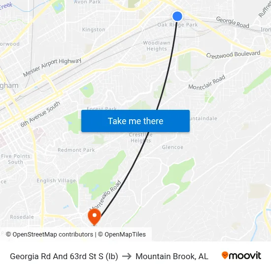 Georgia Rd And 63rd St S (Ib) to Mountain Brook, AL map