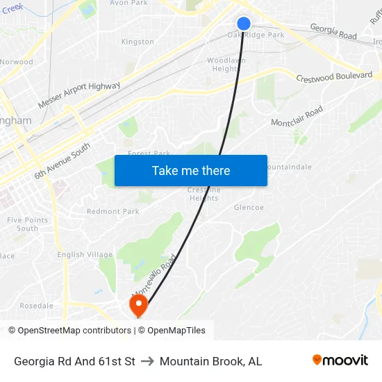 Georgia Rd And 61st St to Mountain Brook, AL map
