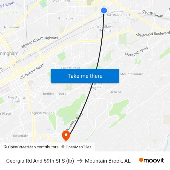 Georgia Rd And 59th St S (Ib) to Mountain Brook, AL map