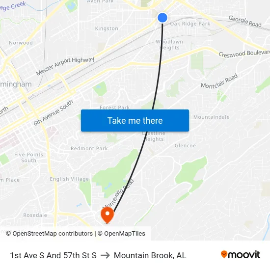 1st Ave S And 57th St S to Mountain Brook, AL map