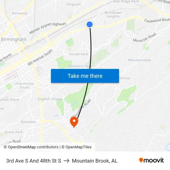 3rd Ave S And 48th St S to Mountain Brook, AL map