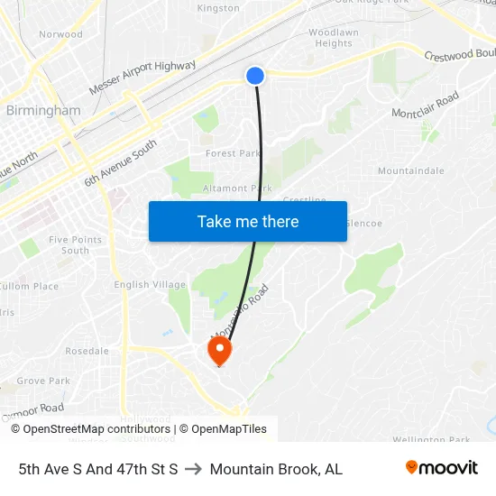 5th Ave S And 47th St S to Mountain Brook, AL map