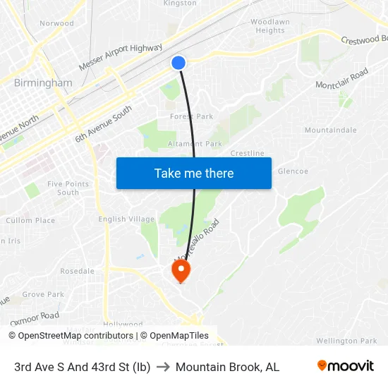 3rd Ave S And 43rd St (Ib) to Mountain Brook, AL map