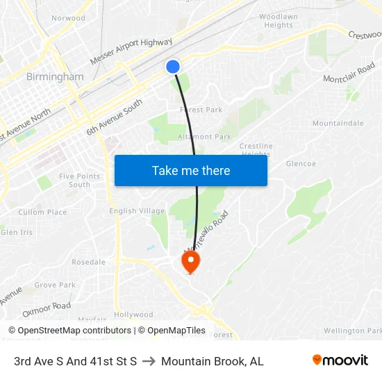 3rd Ave S And 41st St S to Mountain Brook, AL map