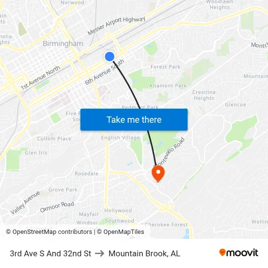 3rd Ave S And 32nd St to Mountain Brook, AL map