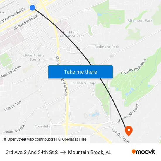 3rd Ave S And 24th St S to Mountain Brook, AL map