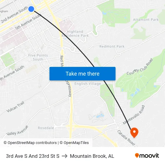 3rd Ave S And 23rd St S to Mountain Brook, AL map