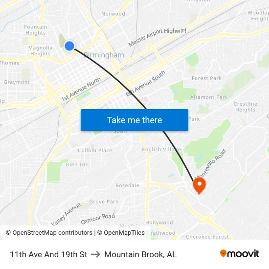 11th Ave And 19th St to Mountain Brook, AL map