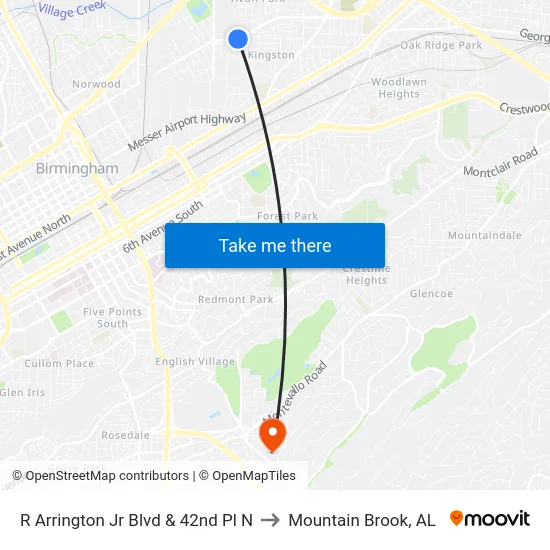 R Arrington Jr Blvd & 42nd Pl N to Mountain Brook, AL map