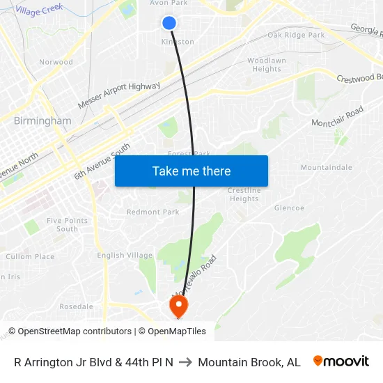 R Arrington Jr Blvd & 44th Pl N to Mountain Brook, AL map