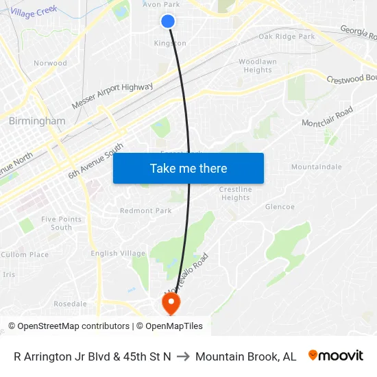 R Arrington Jr Blvd & 45th St N to Mountain Brook, AL map