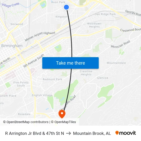 R Arrington Jr Blvd & 47th St N to Mountain Brook, AL map