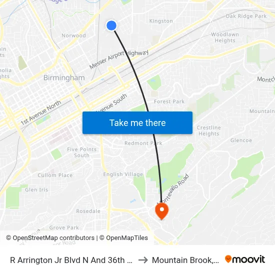 R Arrington Jr Blvd N And 36th Way to Mountain Brook, AL map
