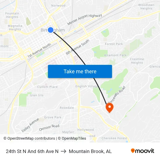24th St N And 6th Ave N to Mountain Brook, AL map