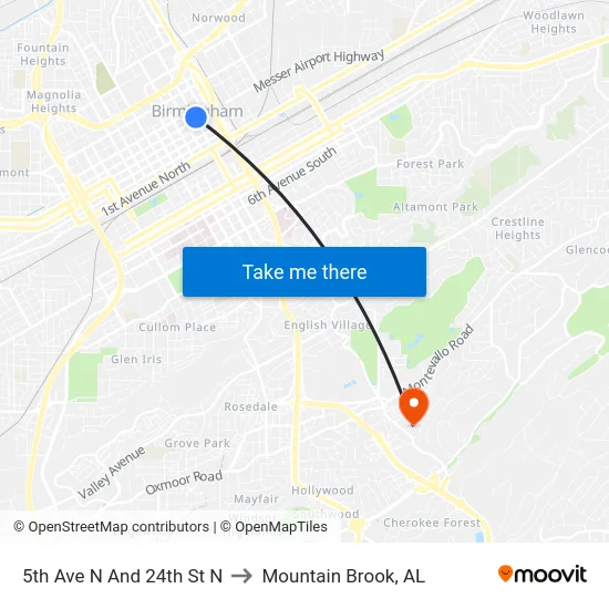 5th Ave N And 24th St N to Mountain Brook, AL map