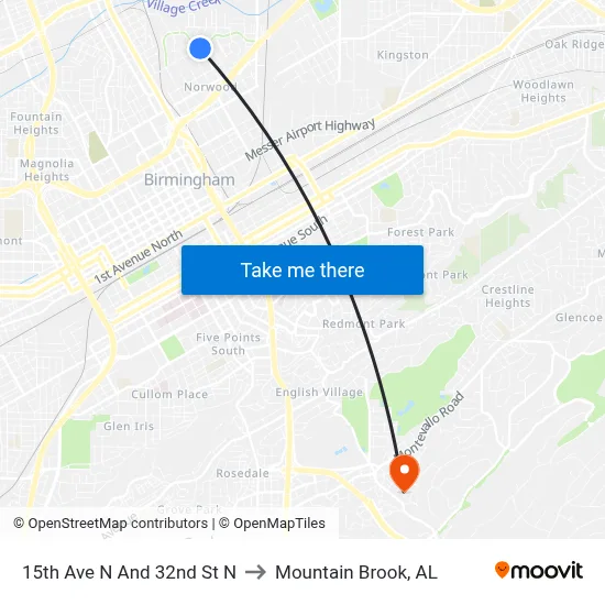 15th Ave N And 32nd St N to Mountain Brook, AL map