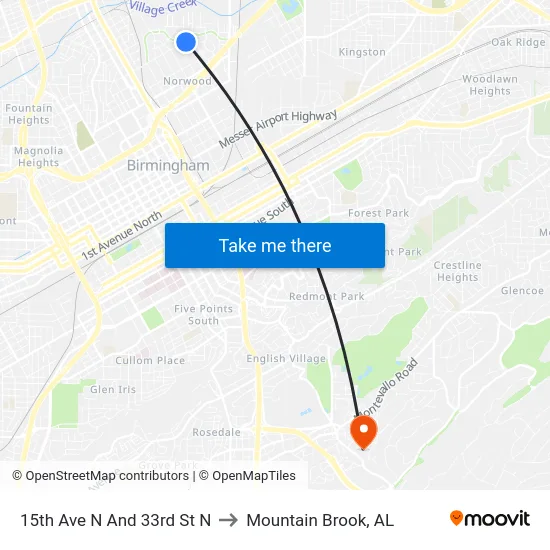 15th Ave N And 33rd St N to Mountain Brook, AL map