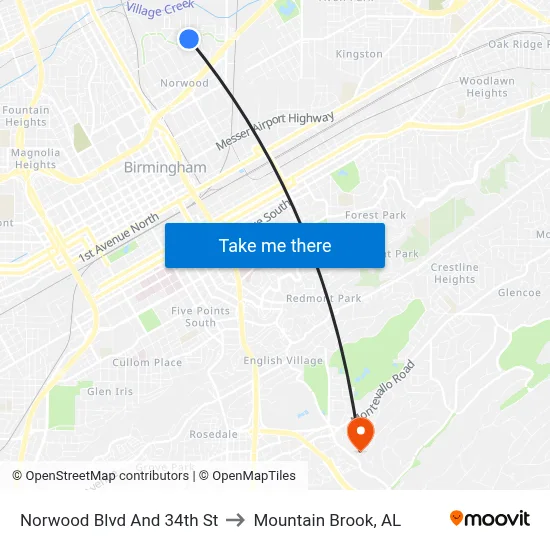 Norwood Blvd And 34th St to Mountain Brook, AL map